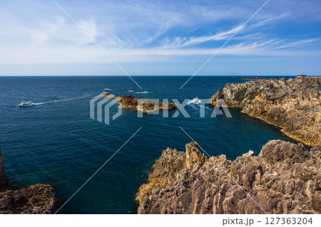 【新潟県_尖閣湾】幾万年の荒波の浸蝕で生まれた荒削りの断壁 春 127363204