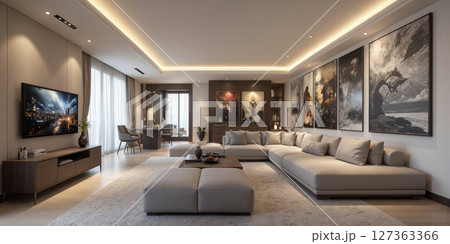 Living Room Interior Design Modern Beige Sofa in Home Living Room and Dining Area 127363366