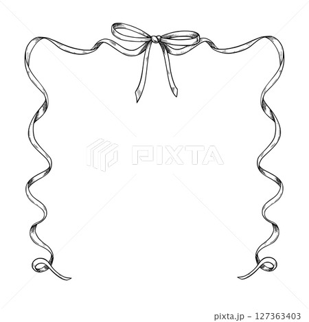 Vector illustration of Ribbon Frame with Bow in black ink style. Outline drawing of Border for baby shower greeting cards or wedding invitations. Engraved Template for stationary or vintage packaging. 127363403