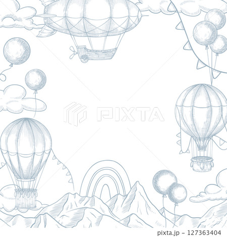 Vector frame with airships, balloons, mountains, and clouds in linear hand drawn style. Outline illustration of border with aerostats Suitable for Baby shower greeting cards or childish invitations. 127363404