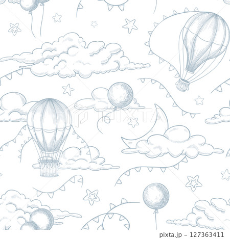 Seamless vector Pattern with hand drawn hot air Balloons, clouds, and stars in linear style. Outline drawing of Background with floating Aerostats and garland for nursery wallpaper or childish textile 127363411