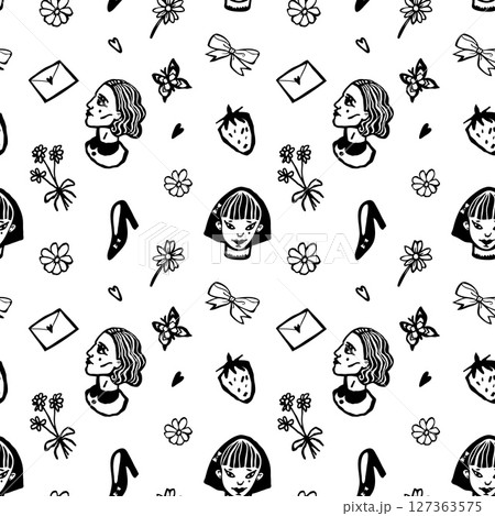 Vector seamless hand drawn pattern with girls, flowers and hearts Vector seamless hand drawn pattern with girls, flowers and hearts 127363575