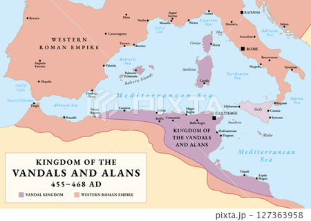 Kingdom of the Vandals and Alans, history map. Greatest extent of Vandal Kingdom from 455 to 468 AD, during reign of Gaiseric, who controlled parts of North Africa and important Mediterranean islands. 127363958