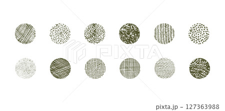 Set of isolated vector green grunge wavy, hitting and stroking textured ink pen round shapes. Unique squiggle scratched hand drawn curve texture circles collection for graphic design, patterns 127363988