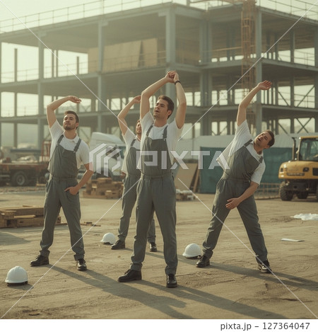 建設現場の朝礼風景 127364047