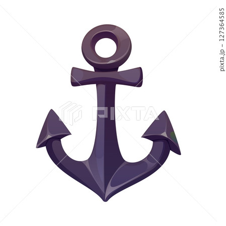 Cartoon pirate corsair ship anchor. Isolated vector heavy black ship tool used by sailors to stop and secure vessel in sea. Marine equipment from old sailing boat for ocean adventures and docking Cartoon pirate corsair ship anchor. Isolated vector heavy black ship tool used by sailors to stop and secure vessel in sea. Marine equipment from old sailing boat for ocean adventures and docking 127364585
