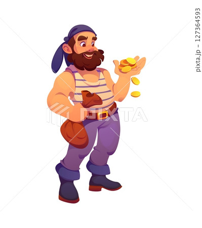 Cartoon medieval pirate and corsair character holding gold coins and bag of treasure. Isolated vector bearded sailor, funny retro personage with striped tank top, headscarf, boots and happy expression Cartoon medieval pirate and corsair character holding gold coins and bag of treasure. Isolated vector bearded sailor, funny retro personage with striped tank top, headscarf, boots and happy expression 127364593