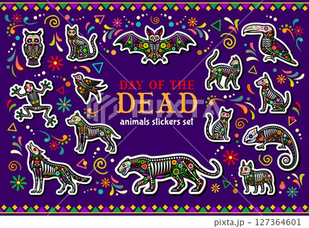 Day of the Dead mexican animal tattoo stickers, dead Halloween skeletons and calavera skulls at vector ethnic Mexico pattern background. Mexican Day of Dead dog, cat, bat and owl animal tattoos pack 127364601