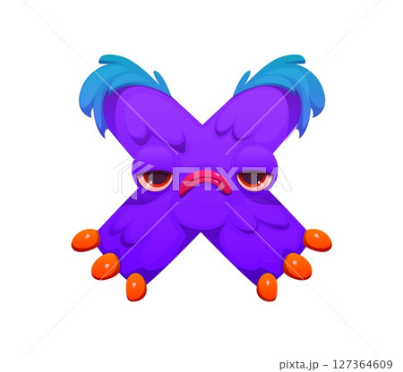 Bizarre monster character cartoon font letter X. Crazy Halloween scarecrow font typeset letter, strange bugaboo, bogle personage vector kids ABC symbol. Spooky horror monster character type element 127364609