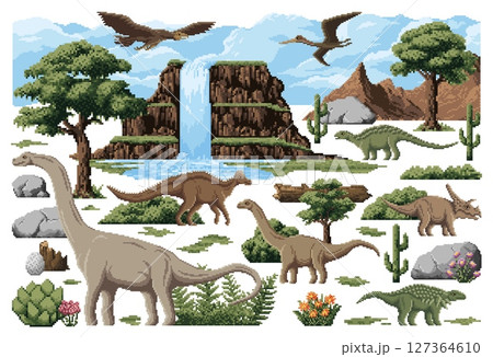 8 bit pixel prehistoric dinosaurs with jurassic nature landscape elements. Vector pixel art brontosaurus, triceratops, pterodactyl and nodosaurus dinosaurs, dino baby egg, waterfall and mountains 8 bit pixel prehistoric dinosaurs with jurassic nature landscape elements. Vector pixel art brontosaurus, triceratops, pterodactyl and nodosaurus dinosaurs, dino baby egg, waterfall and mountains 127364610