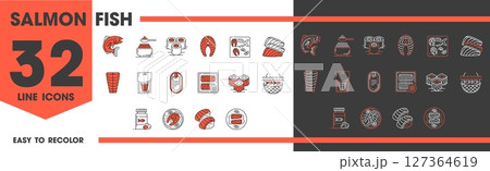 Salmon fish and meat color line icons of vector sea food. Fresh and cooked seafood, raw salmon steak and fillet, canned, frozen and grilled fish slices, sashimi, sushi rolls and nigiri, caviar and oil 127364619