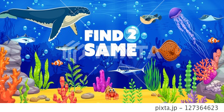 Kids game worksheet, find two same sea animals and fishes vector puzzle quiz. Cartoon whale, jellyfish, crab, mackerel, manta ray and flounder characters on sea bottom landscape kids puzzle quiz 127364623