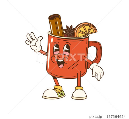 Cartoon groovy mulled wine cup character. Christmas holiday season alcohol drink isolated retro vector personage or mascot. Mug of mulled wine with cinnamon, anise and lemon cute groovy character 127364624