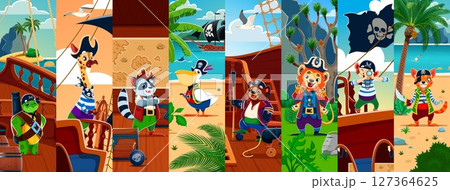 Animal pirates and corsairs characters collage at vector background of sailing ship deck and treasure island landscape. Cartoon cute lion, bear, cat and turtle, pelican and giraffe animal pirates 127364625