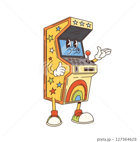 Groovy casino slot machine character. Las Vegas casino gambling and money betting game, one armed bandit slot machine funky vector personage. Retro arcade tabletop cabinet with joystick and coin slot Groovy casino slot machine character. Las Vegas casino gambling and money betting game, one armed bandit slot machine funky vector personage. Retro arcade tabletop cabinet with joystick and coin slot 127364629