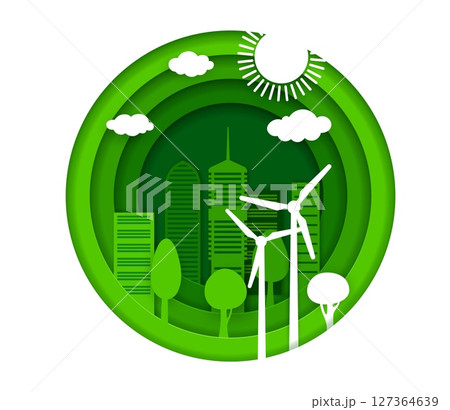 Paper cut eco city banner, clean environment icon. Ecological and clean city paper cut vector concept or eco icon with skyscrapers buildings, green trees, sky clouds and sun, wind turbines silhouettes 127364639