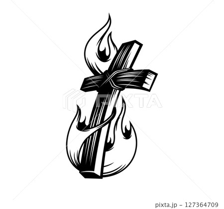 Christianity cross tattoo in fire flames for religious faith or religion, vector art design. Christian symbol of wooden cross crucifix burning in fire flames for catholic, gothic or orthodox tattoo 127364709