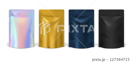 Realistic color pouch bags. 3d Vector resealable metallic sachet containers in holographic, gold, navy and black shades. Packs for branding, packaging, showcasing reusable and modern storage products 127364715