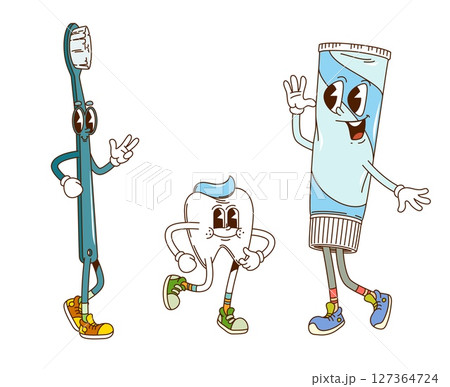 Groovy tooth, toothpaste and brush characters. Oral hygiene and teeth health hippie groovy funny characters. Kids dentistry tooth brush, paste tube vector 60s funny mascot or hippie groovy personage Groovy tooth, toothpaste and brush characters. Oral hygiene and teeth health hippie groovy funny characters. Kids dentistry tooth brush, paste tube vector 60s funny mascot or hippie groovy personage 127364724
