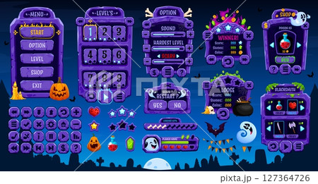 Halloween game interface of GUI menu panel and bars, vector UI elements and assets. Halloween game menu buttons and interface controls with ghosts and monsters on loading bars and gamer panel settings 127364726