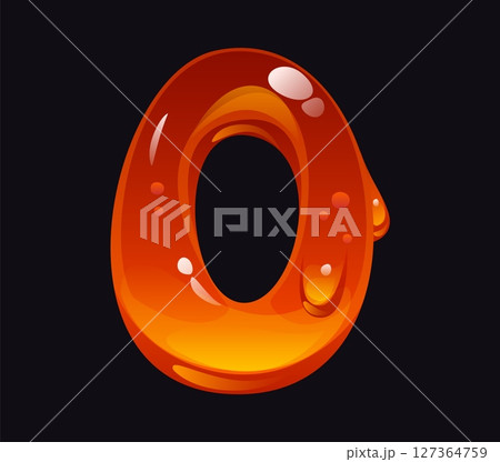 Tasty honey cartoon font digit 0 zero. Sweet candy ABC typeface digit, amber vector alphabet type figure. Caramel cartoon math font numeral symbol or liquid honey mathematics typeface number 127364759