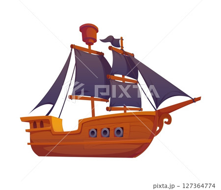Pirate sail ship, cartoon vector sea buccaneer and corsair sailing transportation. Old frigate with black sails and wooden hull. Brigantine water transport ready for high seas fantasy adventures Pirate sail ship, cartoon vector sea buccaneer and corsair sailing transportation. Old frigate with black sails and wooden hull. Brigantine water transport ready for high seas fantasy adventures 127364774