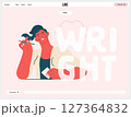 Writing people, modern flat vector concept illustration- sitting woman thoughtfully writing on paper, bubble near head Metaphor for reflection, personal insight, contemplation, creative expression 127364832