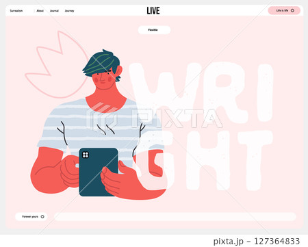Writing people, modern flat vector concept illustration- standing man thoughtfully writing on tablet, bubble near head Metaphor for reflection, personal insight, contemplation, creative expression 127364833