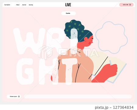 Writing people, modern flat vector concept illustration- sitting woman thoughtfully writing on notebook, bubble near head Metaphor for reflection, personal insight, contemplation, creative expression 127364834