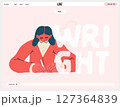 Writing people, modern flat vector concept illustration- sitting woman thoughtfully writing on paper, bubble near head Metaphor for reflection, personal insight, contemplation, creative expression 127364839