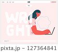 Writing people, modern flat vector concept illustration- sitting woman thoughtfully writing on laptop, bubble near head Metaphor for reflection, personal insight, contemplation, creative expression 127364841