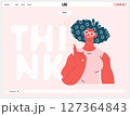 Thinking people, modern flat vector concept illustration- woman standing thoughtfully, looking upwards, bubble near head Metaphor for reflection, analysis, introspection, contemplation, deep thought 127364843