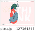 Thinking people, modern flat vector concept illustration- woman standing thoughtfully, looking down, bubble near head Metaphor for reflection, analysis, introspection, contemplation, deep thought 127364845