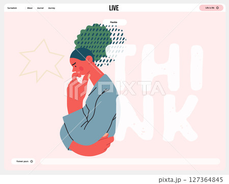 Thinking people, modern flat vector concept illustration- woman standing thoughtfully, looking down, bubble near head Metaphor for reflection, analysis, introspection, contemplation, deep thought 127364845