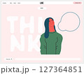Thinking people, modern flat vector concept illustration- woman standing thoughtfully, looking upwards, bubble near head Metaphor for reflection, analysis, introspection, contemplation, deep thought 127364851