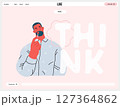 Thinking people, modern flat vector concept illustration- man standing thoughtfully, looking upwards, bubble near his head Metaphor for reflection, analysis, introspection, contemplation, deep thought 127364862