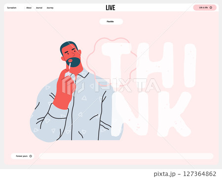 Thinking people, modern flat vector concept illustration- man standing thoughtfully, looking upwards, bubble near his head Metaphor for reflection, analysis, introspection, contemplation, deep thought 127364862