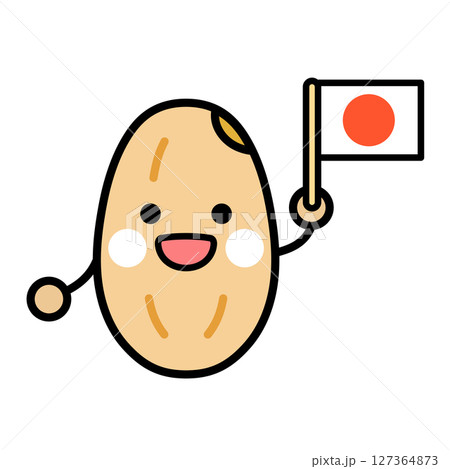 日本国旗を持った玄米のキャラクターのイラスト 127364873