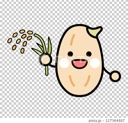 Illustration of a sprouted brown rice character holding rice 127364887