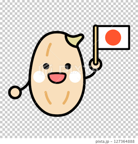 日本国旗を持った発芽玄米のキャラクターのイラスト 127364888