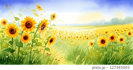 Golden Sunflower Field Under A Summer Blue Sky Watercolor Painting 127365003
