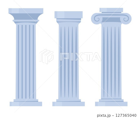 Ancient columns set. Marble structures, old Greece architecture. Archeology and paleontology, history. Luxurious and beautiful building. Vector illustration. 127365040