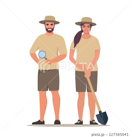 Archeologist people man and woman characters collection set. Archeologist activities concept. Flat style vector illustration. Archeologist people man and woman characters collection set. Archeologist activities concept. Flat style vector illustration. 127365041