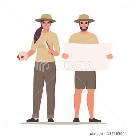 Archeologist people man and woman characters collection set. Archeologist activities concept. Flat style vector illustration. 127365044