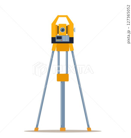 Tacheometer, Theodolite on Tripod, Geological Survey, Engineering Equipment for Measurement and Research Flat Style Vector Illustration 127365052