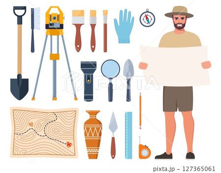 Archaeological tools, finds and archaeologist character. Brushes instruments for excavating historical treasures. Vector illustration. 127365061