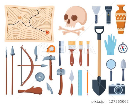 Archaeological tools and finds set. Brushes instruments for excavating historical treasures. Vector illustration. 127365062