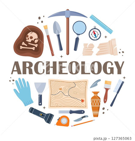 Archaeological tools and finds set. Brushes instruments for excavating historical treasures. Vector illustration. 127365063