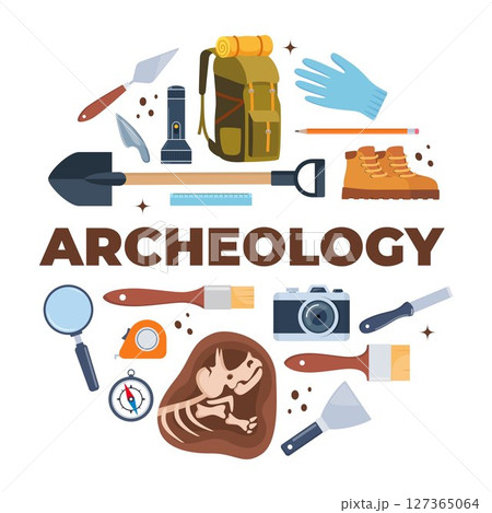 Archaeological tools and finds set. Brushes instruments for excavating historical treasures. Vector illustration. 127365064