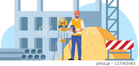Construction site. Building work process with houses and construction machines. Surveyor engineers with equipment, theodolite or total positioning station. Vector illustration. 127365065
